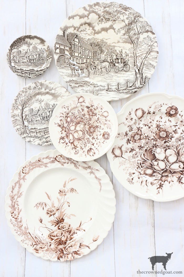 Brown and White Transferware Plates-The Crowned Goat