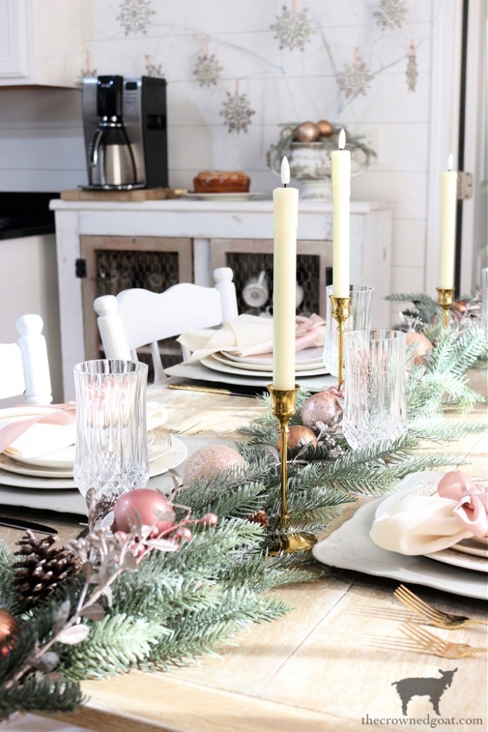 Champagne Wishes Holiday Home Tour: Champagne and Blush Christmas Tablescape with Battery Operated Candles-The Crowned Goat 