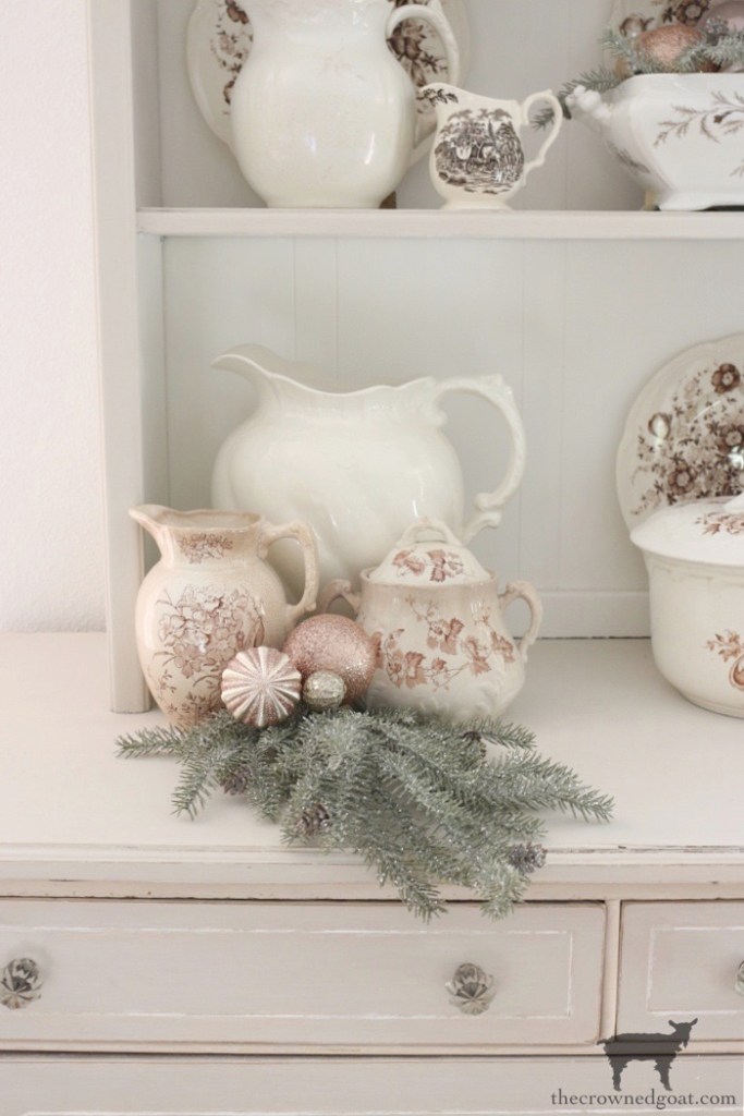 Champagne Wishes Holiday Home Tour: Champagne and Blush Christmas Ornaments with Brown and White Transferware-The Crowned Goat 