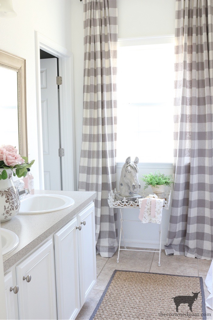 Cottage-Style-Bathroom-Makeover-with-Buffalo-Check-Print-Curtains-and-White-Ruffle-Shower-Curtain-The-Crowned-Goat