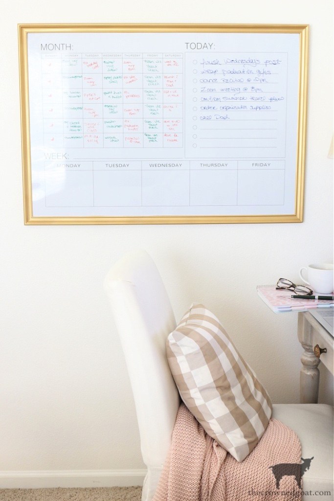 DIY Gold Frame Wall Calendar in Bedroom Office Nook-The Crowned Goat