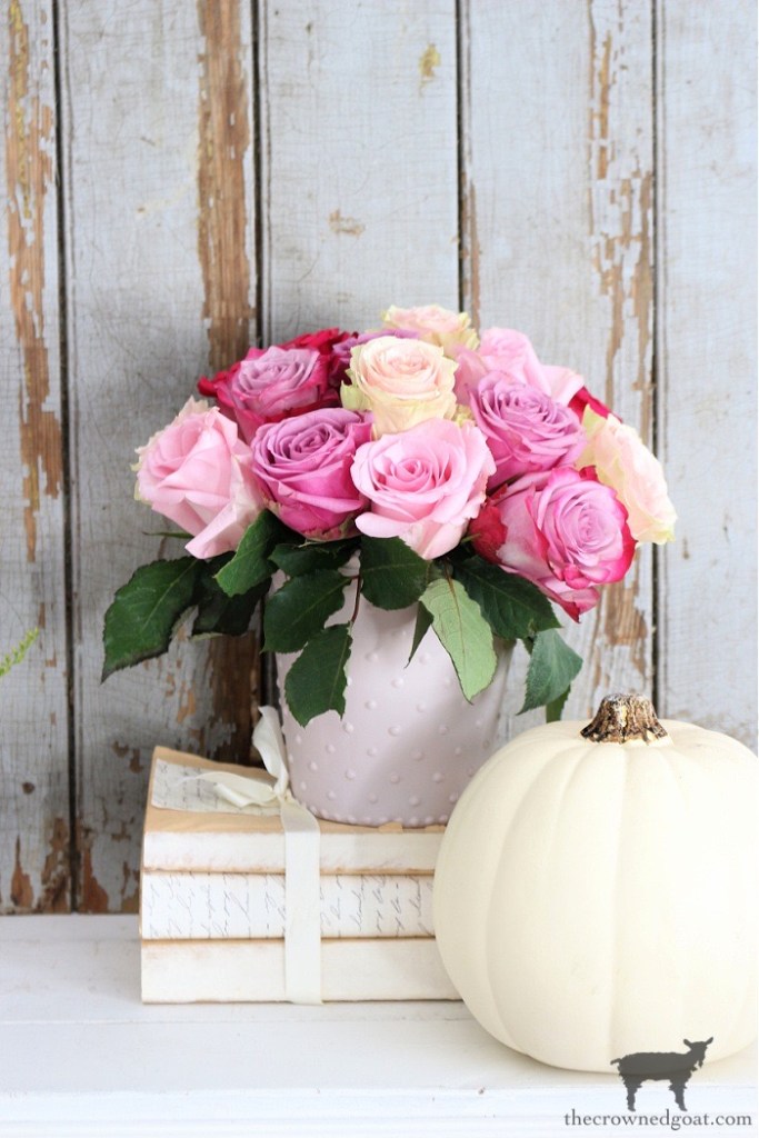 DIY Pink Milk Glass Hobnail Vase with White Pumpkin-The Crowned Goat 