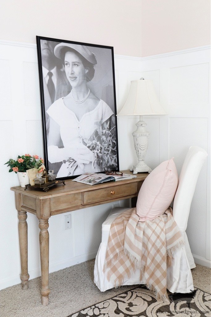 French Country Desk with Princess Margaret Art and Bedroom Office Space Ideas-The Crowned Goat 