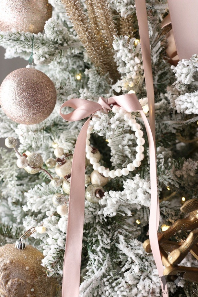 Champagne Wishes Holiday Home Tour: DIY Pearl Wreath Ornament with Blush Ribbon-The Crowned Goat 