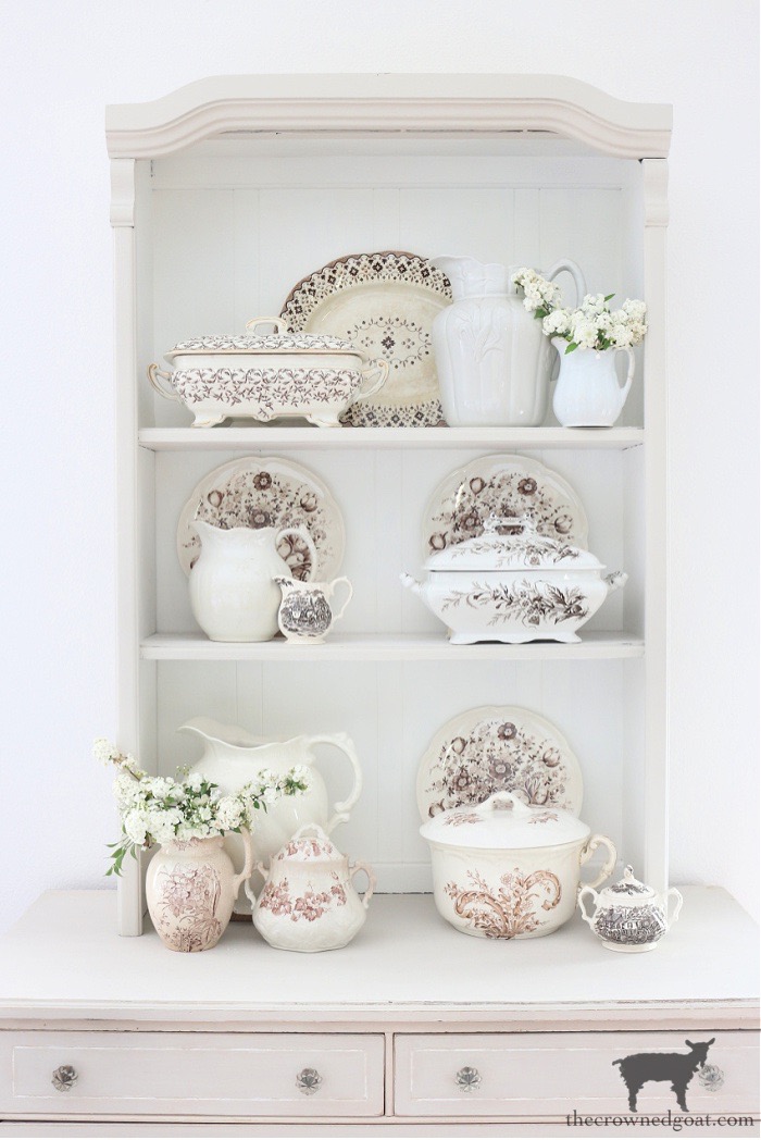 How to Style a Small Hutch - Brown and White Transferware- The Crowned Goat