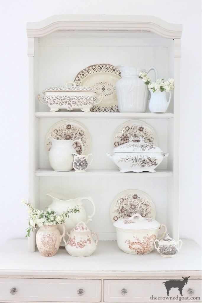 How to Style a Small Hutch - Brown and White Transferware- The Crowned Goat 
