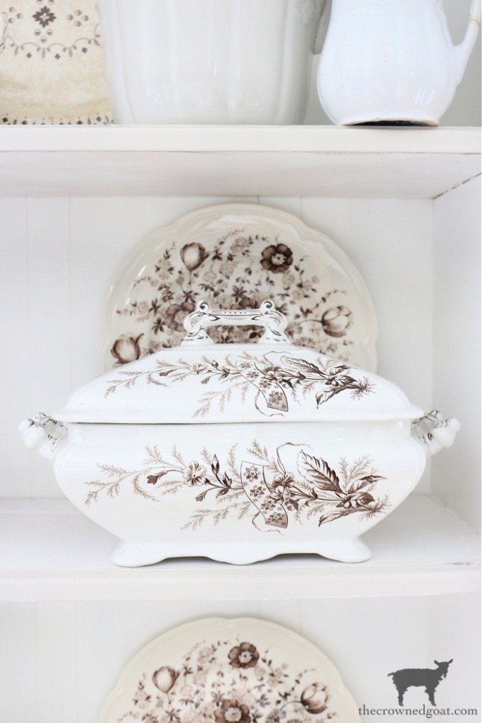 How to Style a Small Hutch - Brown and White Transferware Tureen - The Crowned Goat