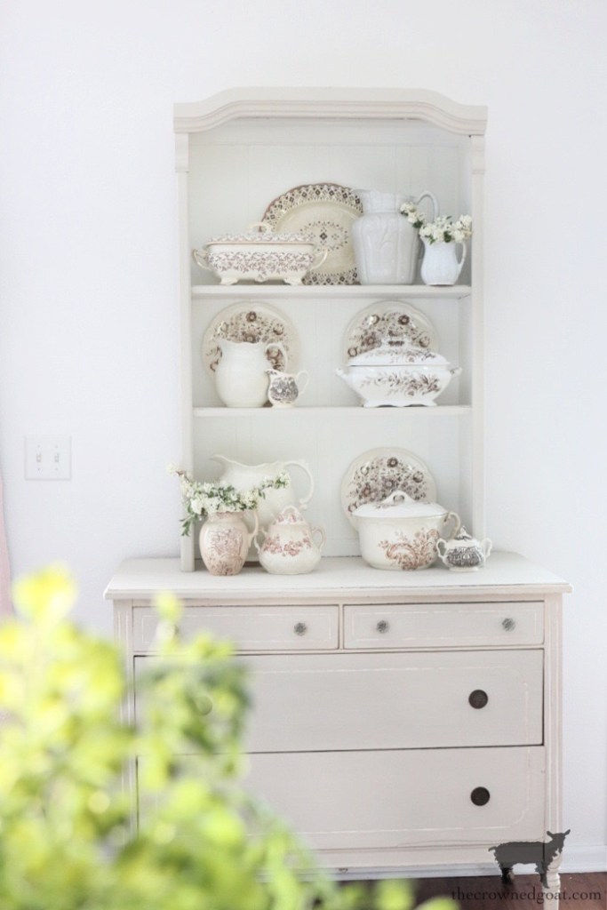 How to Style an Antique Dresser and Small Hutch Top Filled with Brown and White Transferware and Ironstone-The Crowned Goat 3