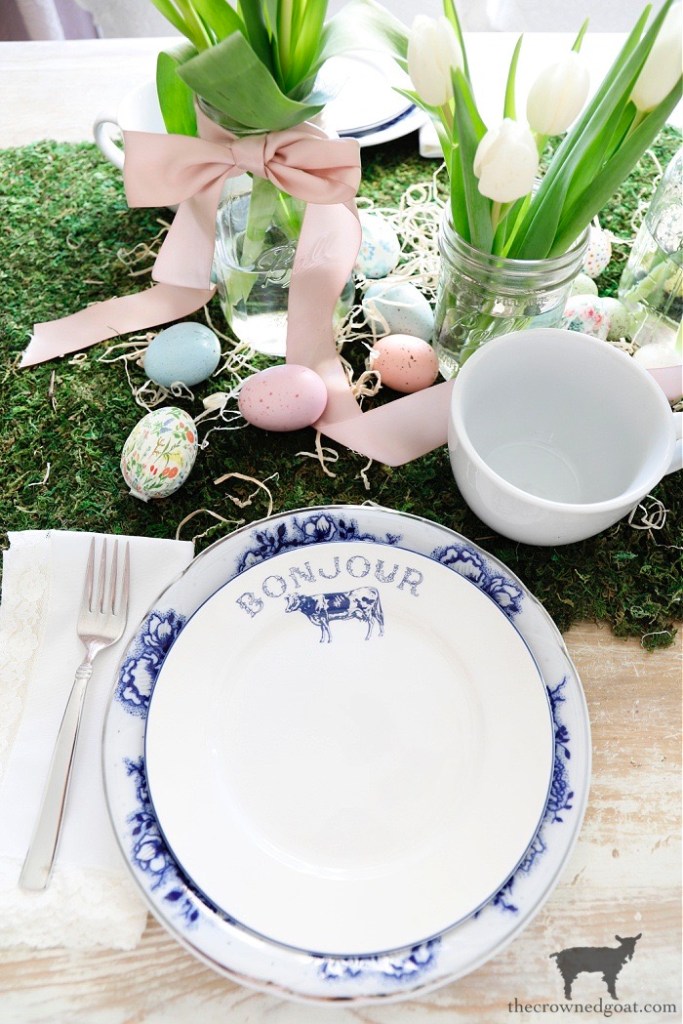 Blue and White Place Setting with Cottage Inspired Spring Tablescape-The Crowned Goat 