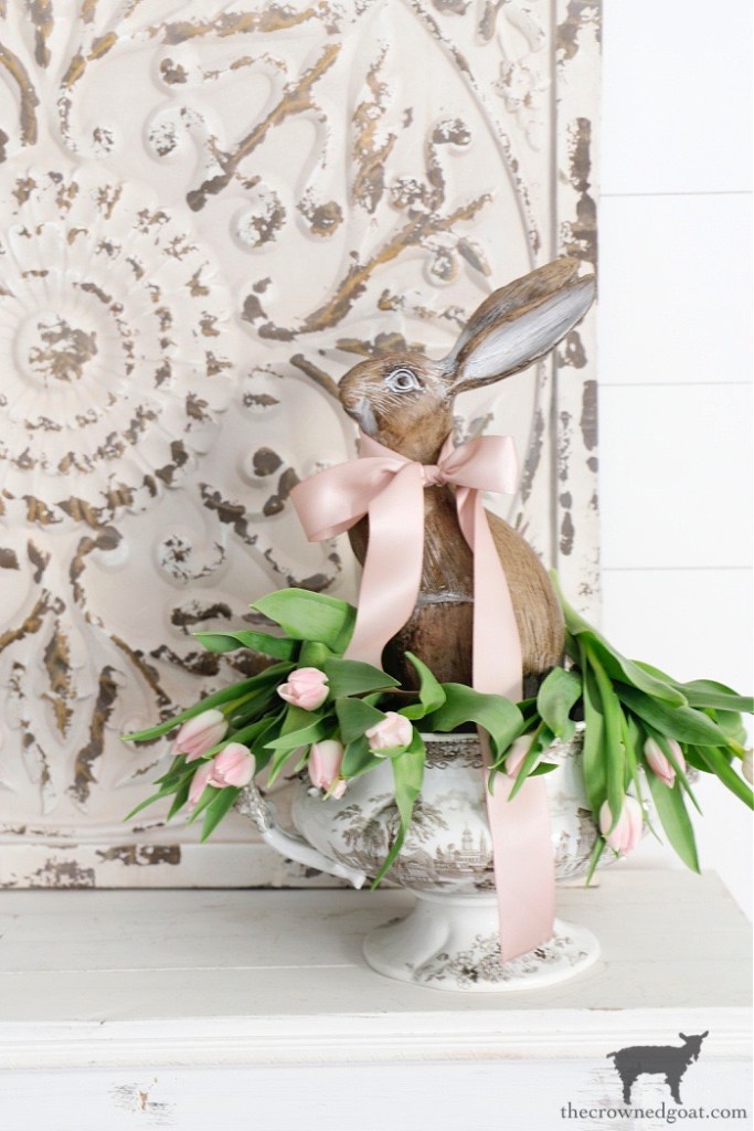 Blush Colored Pink Tulips with Spring Bunny in Brown and White Transferware Urn-The Crowned Goat 