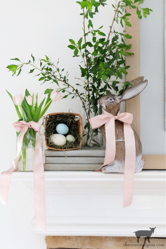 Spring Mantel Vignette with Bunny-Cottage Inspired Spring Home Tour-The Crowned Goat 