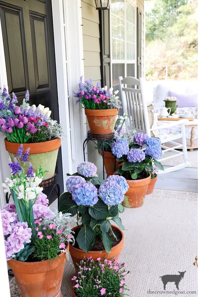 Cottage Inspired Spring Porch Tour with Hydrangeas-Purple and Blue Container Gardens-The Crowned Goat